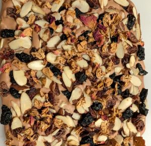 ruby chocolate bark with fruits and nuts