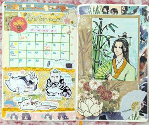 photograph of September 2026 bullet journal layout featuring fanmade stationary of Shen Qingqiu and other Scum Villain Self-Saving System characters as well as my own fanart