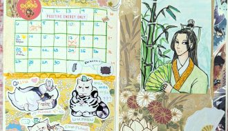 photograph of September 2026 bullet journal layout featuring fanmade stationary of Shen Qingqiu and other Scum Villain Self-Saving System characters as well as my own fanart