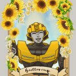 portrait of Transformers One B-127 (cogged) smiling widely in a frame surrounded by sunflowers and daisies, but titled incorrectly as Buttercup