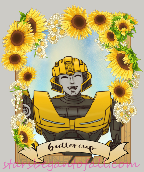 portrait of Transformers One B-127 (cogged) smiling widely in a frame surrounded by sunflowers and daisies, but titled incorrectly as Buttercup