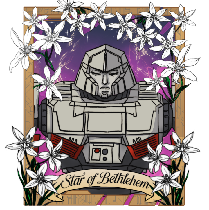trading card style portrait of Megatron Transformers One surrounded by Star of Bethlehem white flowers against a purple background