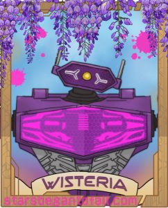 trading card style of Shockwave from Transformers One movie surrounded by wisteria blossoms