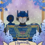 trading card style fanart of Soundwave from Transformers One, with poorly colored Hyacinth flowers framing