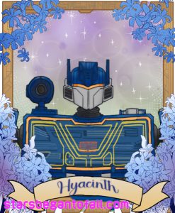 trading card style fanart of Soundwave from Transformers One, with poorly colored Hyacinth flowers framing