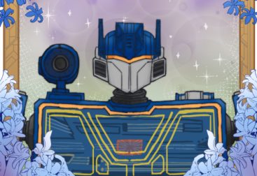 trading card style fanart of Soundwave from Transformers One, with poorly colored Hyacinth flowers framing