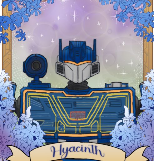 trading card style fanart of Soundwave from Transformers One, with poorly colored Hyacinth flowers framing