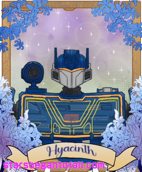 trading card style fanart of Soundwave from Transformers One, with poorly colored Hyacinth flowers framing