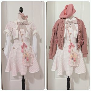 two side by side photos of a pink/white gingham tweed Liz Lisa dress accessories on a mannequin with more cute pink accessories