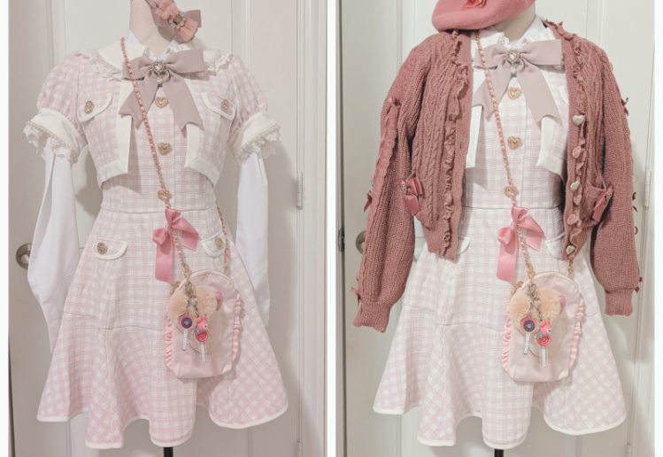 two side by side photos of a pink/white gingham tweed Liz Lisa dress accessories on a mannequin with more cute pink accessories