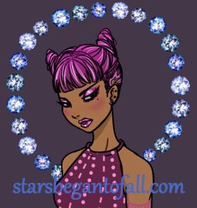 portrait of girl with punk-inspired hair and piercings, bold fuschia makeup wearing a halter top